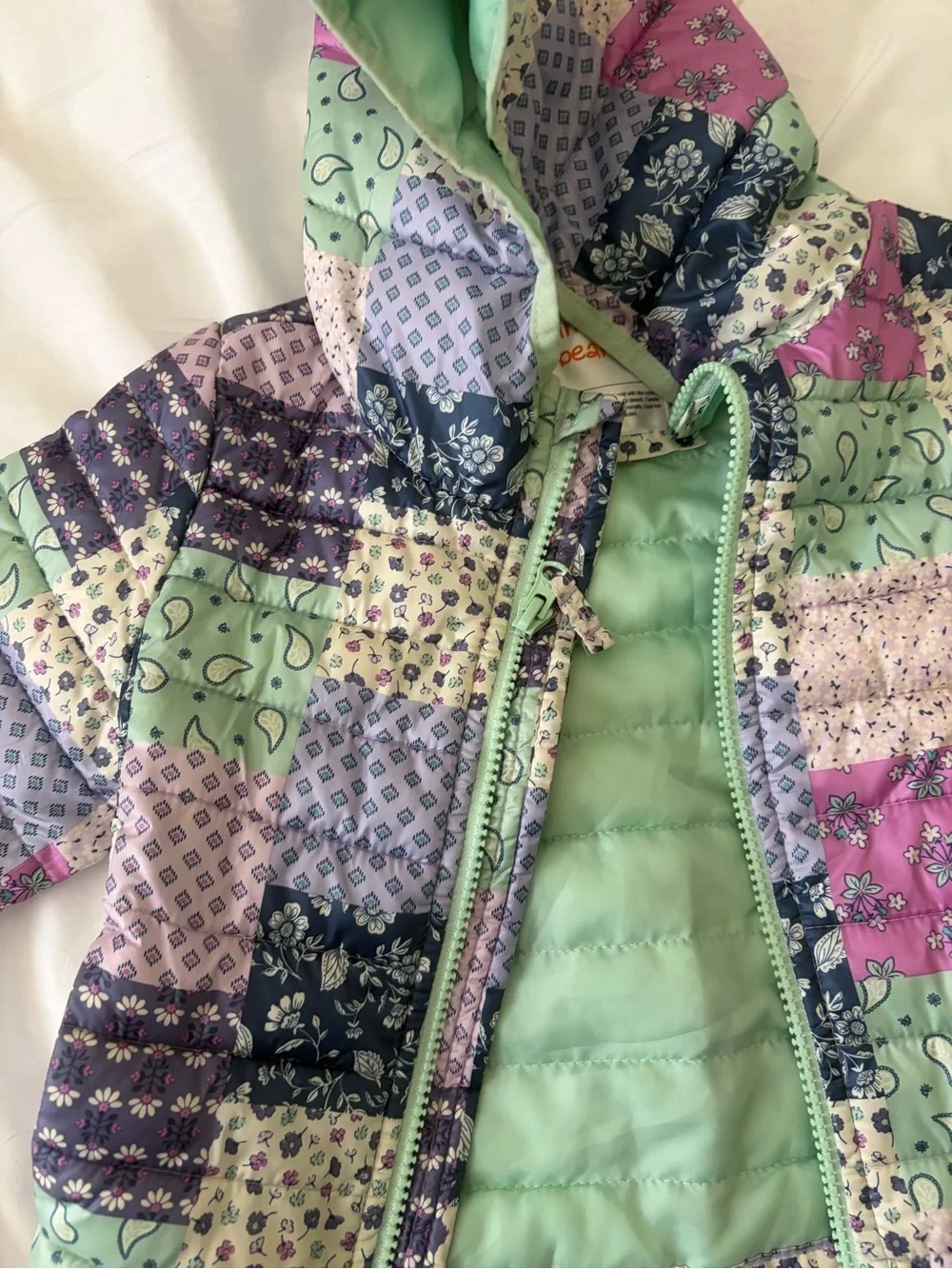 jumping beans Patchwork Hooded Puffer Jacket in Mint, Purple & Pink